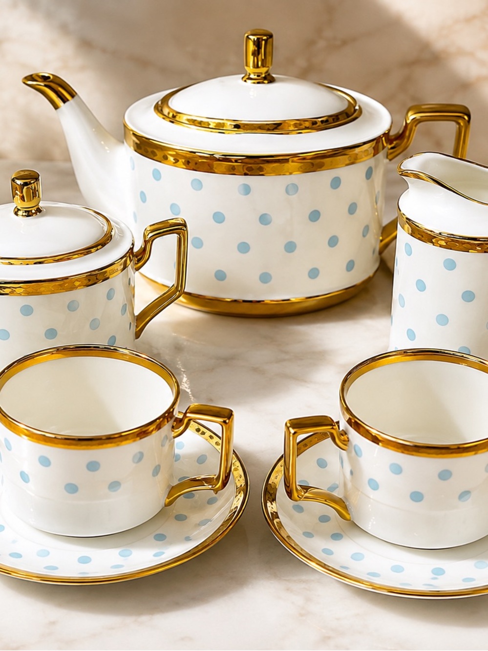 Elegant Gold-Trim Blue Polka Dot Porcelain Tea Set